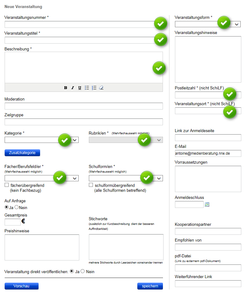 Ansicht Formular Kurs anlegen