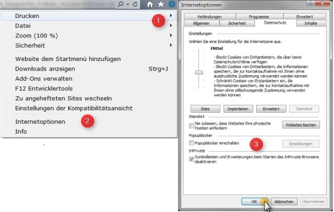 Ansicht der Pop-Up-Einstellungen im Internet Explorer