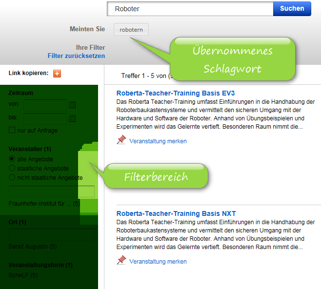 Ansicht der Trefferliste ohne Filter